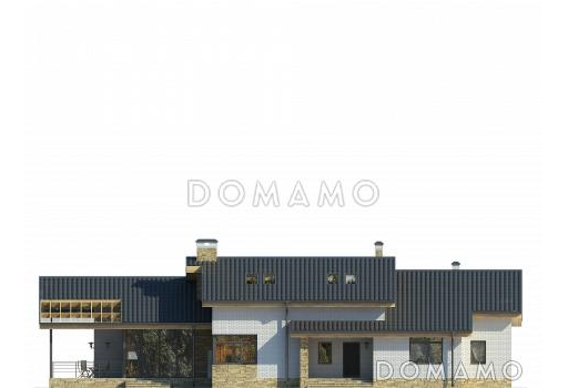 Проект дома с большой террасой с барбекю, большой гостиной с камином, спальнями на первом этаже, сауной, вторым светом / Фасад 1