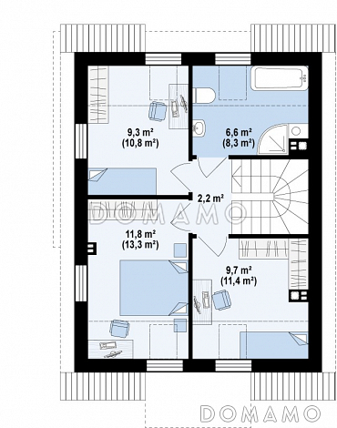 Проект компактного одноэтажного мансардного дома из газобетона с просторной светлой гостиной / План мансардного этажа Проект компактного одноэтажного мансардного дома из газобетона с просторной светлой гостиной / План мансардного этажа