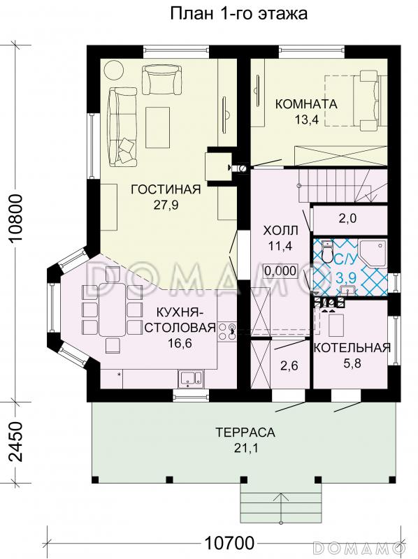 Проект загородного дома с крытой террасой и просторными спальными комнатами / План 1 этажа