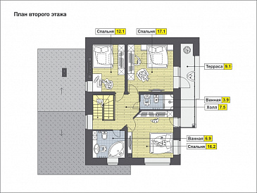 Проект загородного дома с открытой террасой, сауной и душевой, гостиной с камином / План мансардного этажа Проект загородного дома с открытой террасой, сауной и душевой, гостиной с камином / План мансардного этажа