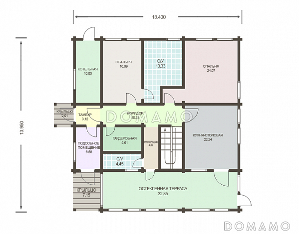 Проект дома из клееного бруса с отдельным входом в котельную / План 1 этажа Проект дома из клееного бруса с отдельным входом в котельную / План 1 этажа