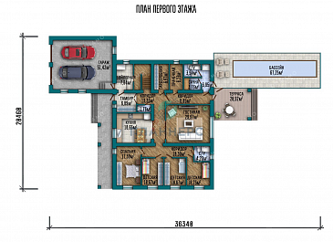 Проект двухэтажного дома с бассейном и гаражом на два автомобиля / План 1 этажа Проект двухэтажного дома с бассейном и гаражом на два автомобиля / План 1 этажа
