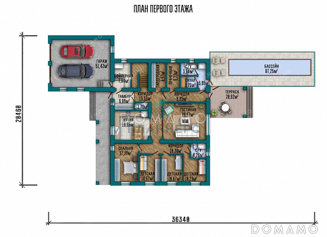Проект двухэтажного дома с бассейном и гаражом на два автомобиля / План 1 этажа Проект двухэтажного дома с бассейном и гаражом на два автомобиля / План 1 этажа