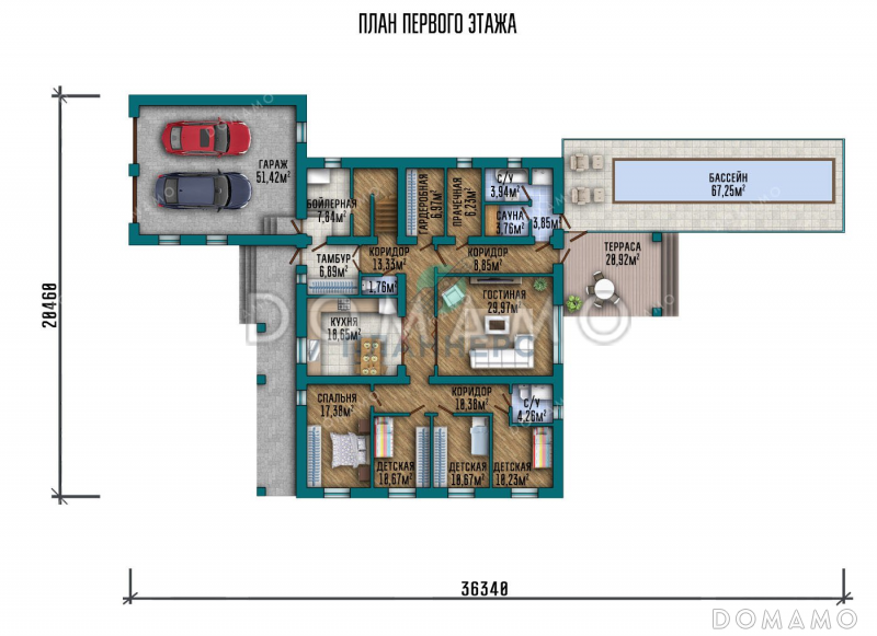 Проект двухэтажного дома с бассейном и гаражом на два автомобиля / План 1 этажа