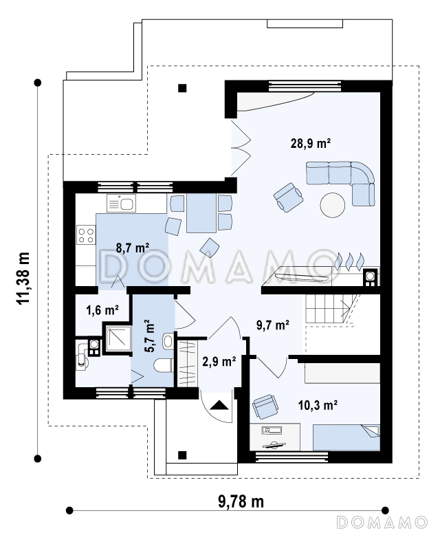 Проект одноэтажного мансардного дома из газобетона с дополнительной спальней на первом этаже / План 1 этажа