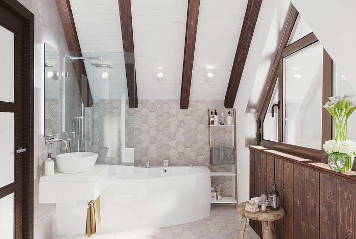 Проект дома из газобетона с тремя небольшими спальнями на мансардном этаже