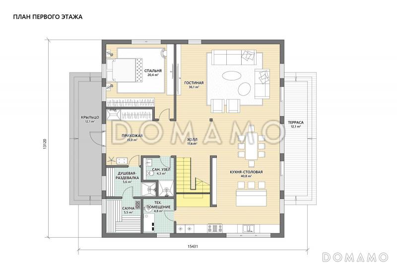 Проект кирпичного дома с 5 спальнями, сауной и 2 террасами / План 1 этажа