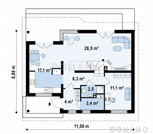 Проект одноэтажного мансардного дома из газобетона с тремя комнатами и кабинетом / План 1 этажа Проект одноэтажного мансардного дома из газобетона с тремя комнатами и кабинетом / План 1 этажа