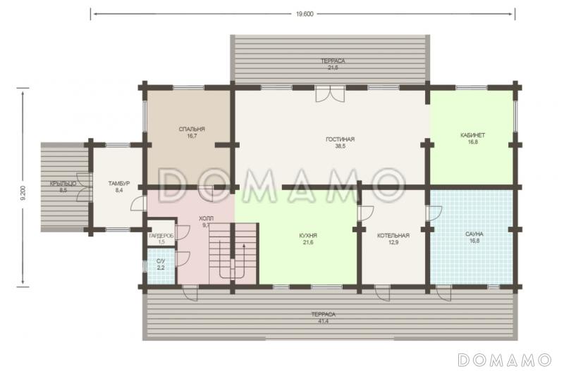 Проект деревянного дома из клееного бруса с огромным холом и тремя спальнями на втором этаже / План 1 этажа