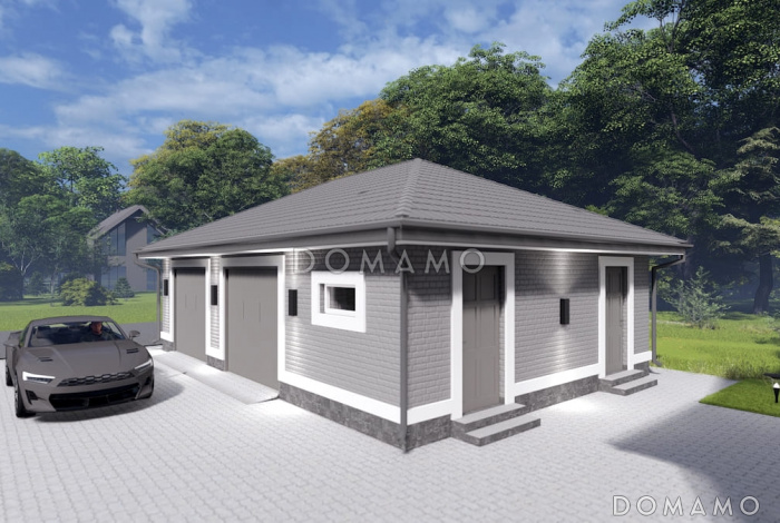 Проект двухместного гаража из газобетона с двумя хозяйственными помещениями Проект двухместного гаража из газобетона с двумя хозяйственными помещениями