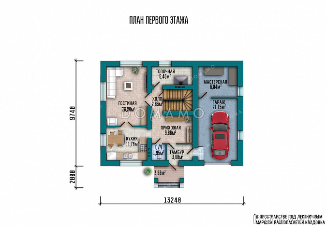 Проект дома с тремя спальнями, гаражом на один автомобиль и мастерской / План 1 этажа