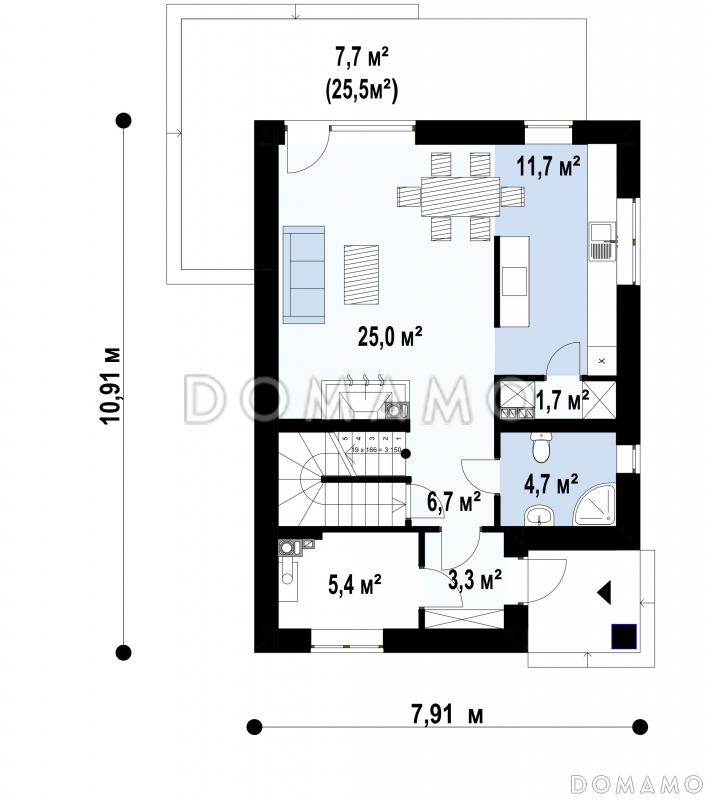 Проект загородного дома с подвалом, кладовой, гостиной с камином, тремя спальнями на втором этаже / План 1 этажа