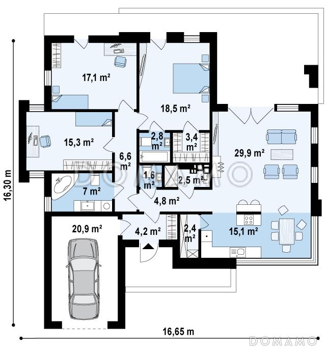 Проект современного одноэтажного дома из газобетона с плоской крышей с тремя спальнями, частично крытой террасой и одноместным гаражом / План 1 этажа