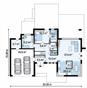 Проект просторного современного двухэтажного дома из кирпича, с пятью комнатами, гаражом и террасой над ним / План 1 этажа