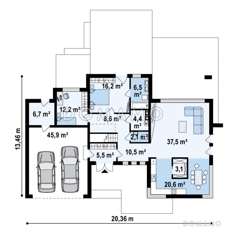 Проект просторного современного двухэтажного дома из кирпича, с пятью комнатами, гаражом и террасой над ним / План 1 этажа