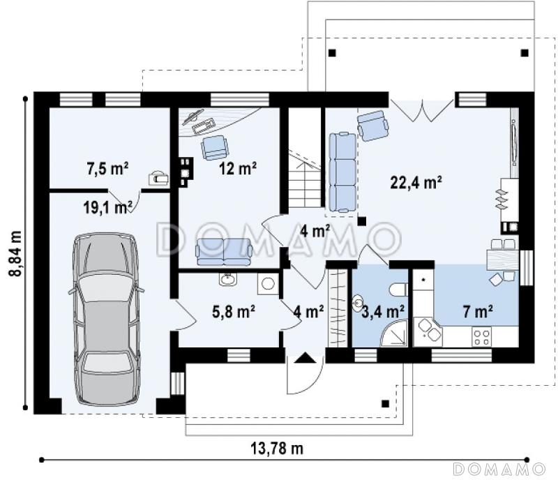 Проект компактного одноэтажного мансардного дома из газобетона с кабинетом, тремя спальнями и открытой террасой над гаражом / План 1 этажа