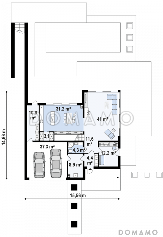 Проект современного двухэтажного дома из кирпича с плоской крышей необычного дизайна, с большими террасами на обоих уровнях, подходит для участка со склоном / План 1 этажа