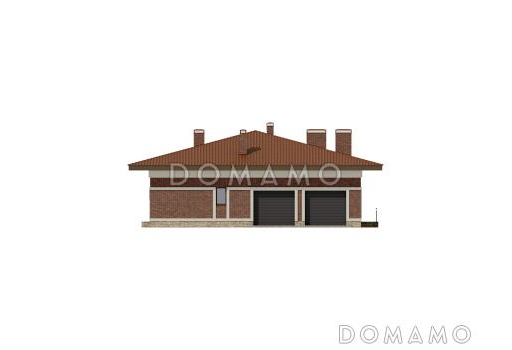 Проект дома из газобетона с мастер-спальней, сауной, террасой барбекю и гаражом на 2 авто / Фасад 4