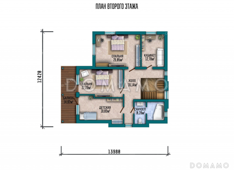 Проект двухэтажного дома с двумя террасами и балконом / План 2 этажа