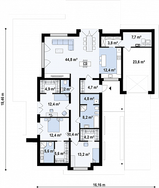 Проект просторного современного одноэтажного углового дома из кирпича с плоской крышей, с гаражом и отделённой спальной зоной / План 1 этажа Проект просторного современного одноэтажного углового дома из кирпича с плоской крышей, с гаражом и отделённой спальной зоной / План 1 этажа