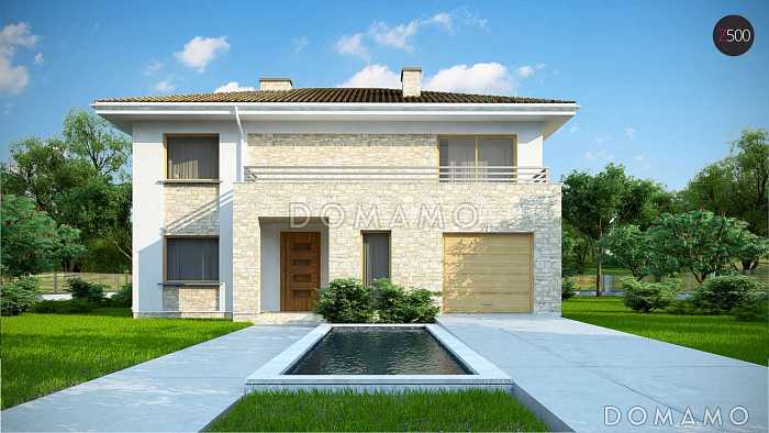 Проект современного двухэтажного дома из кирпича, с пятью комнатами, гаражом и террасами на обоих уровнях