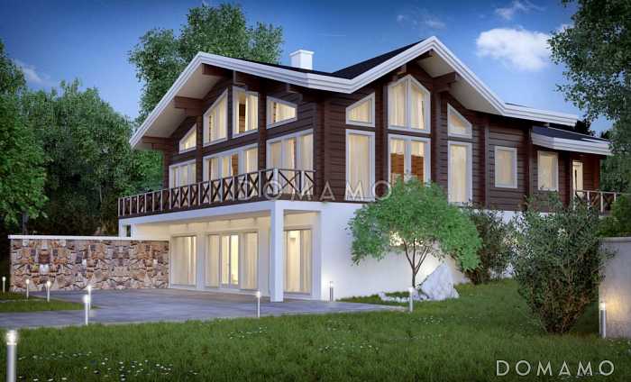 Проект дома из клееного бруса в стиле скандинавского шале с цокольным этажом Проект дома из клееного бруса в стиле скандинавского шале с цокольным этажом