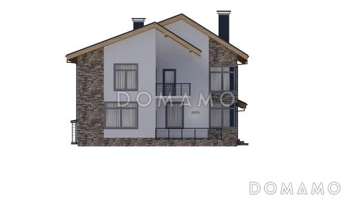 Проект двухэтажного дома из газобетона с двускатной крышей с подвалом, террасой и балконом / Фасад 2
