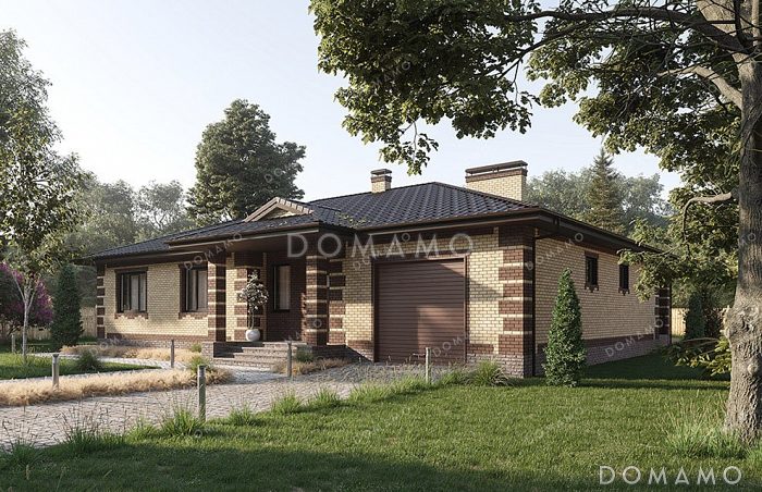 Проект одноэтажного дома с гаражом и большой террасой