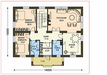 Проект двухэтажного дома c балконом и панорамными окнами гостиной / План 1 этажа