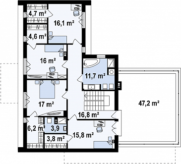 Проект современного двухэтажного дома из кирпича с плоской крышей с гаражом для двух автомобилей и террасами на обоих уровнях / План 2 этажа Проект современного двухэтажного дома из кирпича с плоской крышей с гаражом для двух автомобилей и террасами на обоих уровнях / План 2 этажа