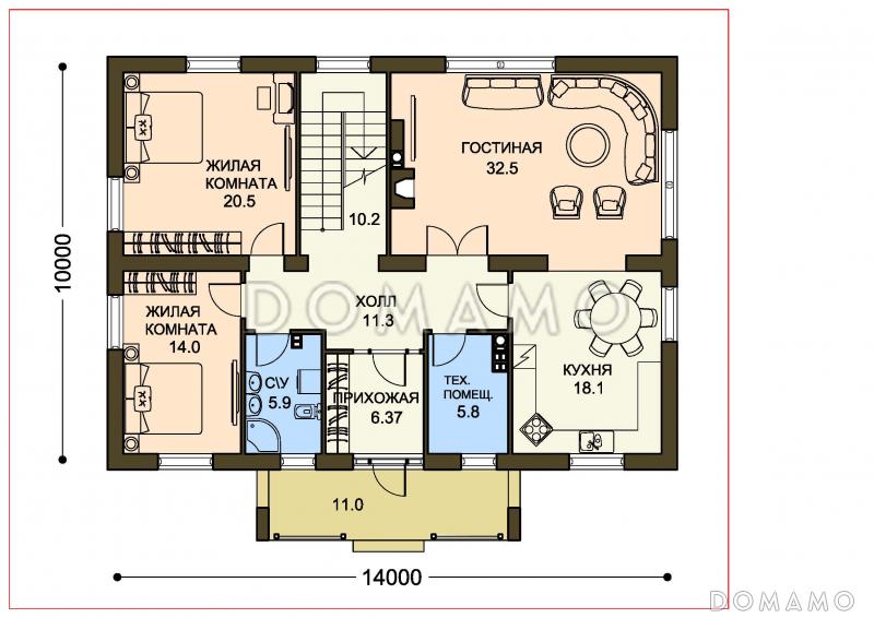Проект двухэтажного дома c балконом и панорамными окнами гостиной / План 1 этажа