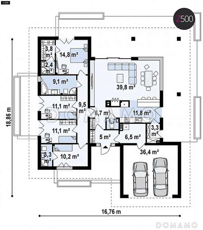 Проект комфортного одноэтажного дома из газобетона с четырьмя спальнями, просторной гостиной и гаражом / План 1 этажа