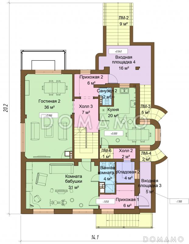 Проект дома с цокольным и мансардным этажами, с круглым эркером и террасой / План 1 этажа
