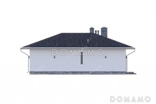 Проект Г-образного одноэтажного дома с крытой входной группой, простой вальмовой кровлей и просторной кухней-гостиной / Фасад 1