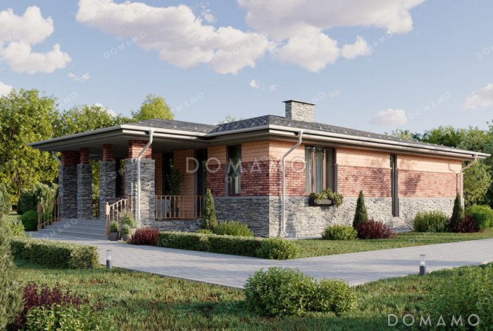 Проект одноэтажного дома средних размеров с 4 спальнями и небольшой террасой Проект одноэтажного дома средних размеров с 4 спальнями и небольшой террасой