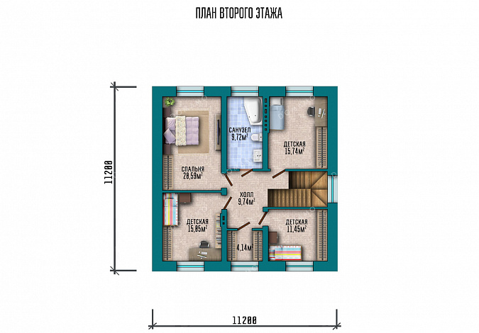 Проект двухэтажного дома с застекленной террасой и 5 спальнями / План 2 этажа