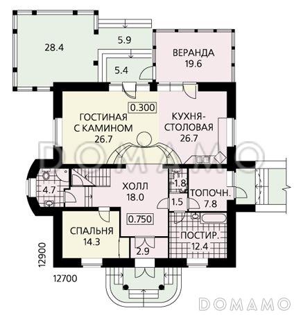 Проект вместительного дома с четырьмя спальнями и гостиной с выходом на террасу / План 1 этажа