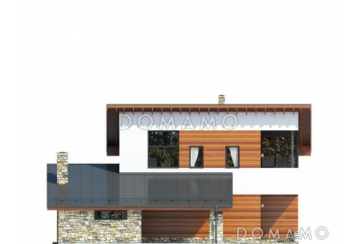 Проект дома из СИП панелей с навесом на две машины, крытой террасой, спальней на первом этаже, балконом / Фасад 1