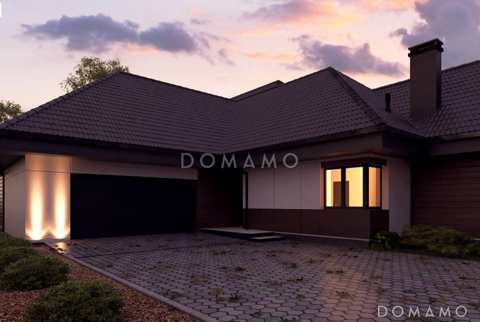 Проект большого одноэтажного дома из кирпича с четырьмя спальнями, гаражом и панорамным остеклением гостиной