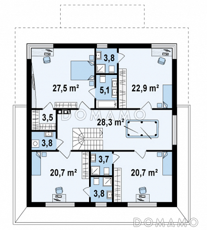 Проект просторного двухэтажного дома из кирпича с четырьмя спальнями, кабинетом, большим гаражом и тех помещением / План 2 этажа