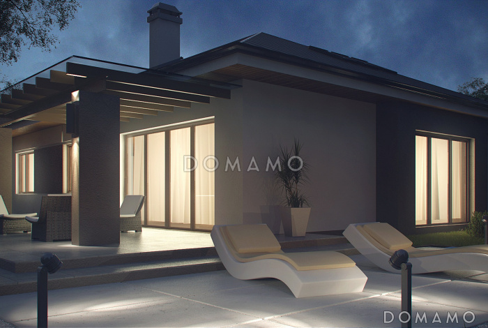 Проект одноэтажного дома из кирпича с небольшой мансардой и с гаражом на два автомобиля