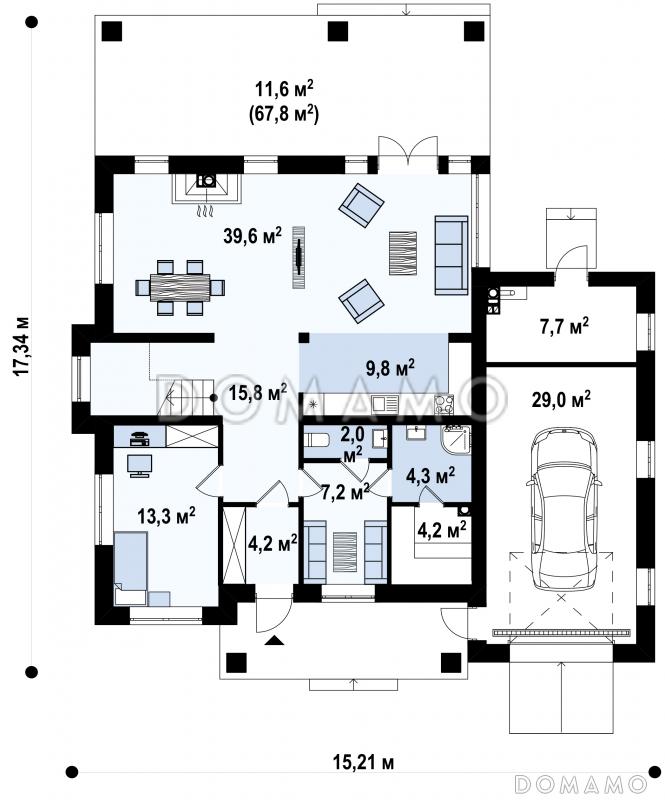 Проект загородного дома с круглым окном, гаражом, просторной дневной зоной,  спальней и комнатой отдыха на первом этаже / План 1 этажа
