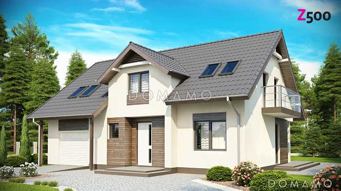 Проект одноэтажного мансардного дома из газобетона с балконом, с четырьмя спальнями и встроенным гаражом