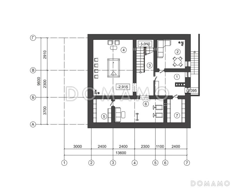 Проект загородного дома с двумя балконами / План цокольного этажа