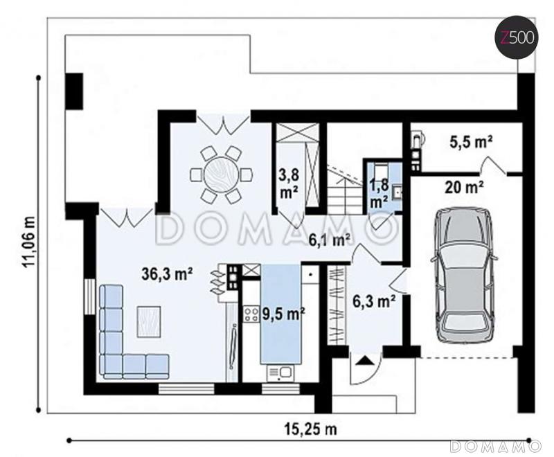 Проект одноэтажного мансардного дома из газобетона в современном стиле, с гаражом и террасой над ним / План 1 этажа