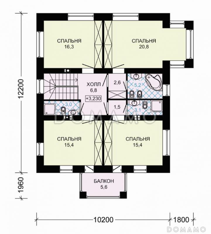 Проект двухэтажного дома с большой гостиной, четырьмя спальными комнатами и балконом / План 2 этажа