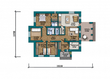 Проект одноэтажного дома средних размеров с 4 спальнями и небольшой террасой / План 1 этажа Проект одноэтажного дома средних размеров с 4 спальнями и небольшой террасой / План 1 этажа