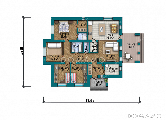 Проект одноэтажного дома средних размеров с 4 спальнями и небольшой террасой / План 1 этажа Проект одноэтажного дома средних размеров с 4 спальнями и небольшой террасой / План 1 этажа