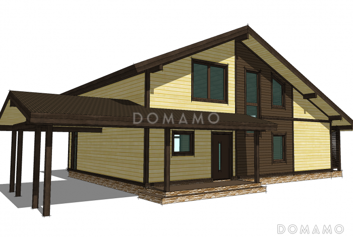 Проект дома в стиле шале с сауной и навесом для автомашины