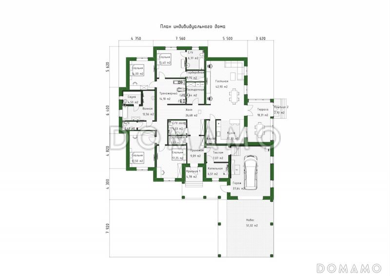Проект кирпичного дома с навесом, гаражом и тренажерным залом / План 1 этажа